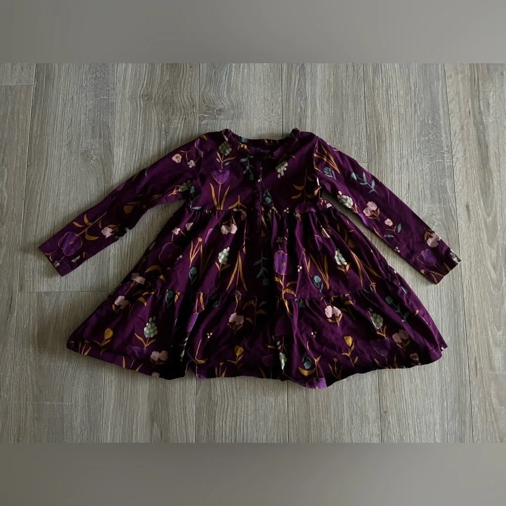 Tea Collection Girls Tiered Henley Dress Purple Floral Long Sleeve - Size 3